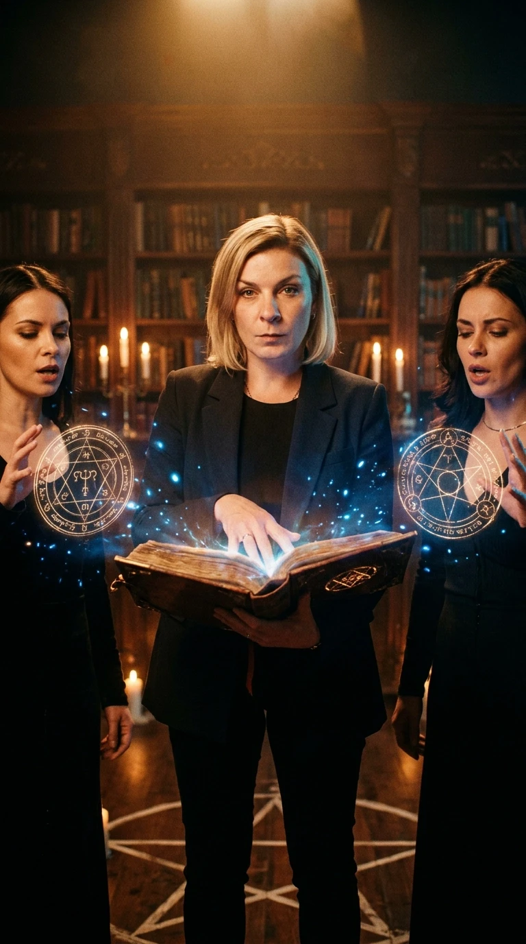Cinematic film still from a supernatural drama series, high-quality television production aesthetic. A group shot featuring a woman as a powerful sister of the Charmed Ones,…