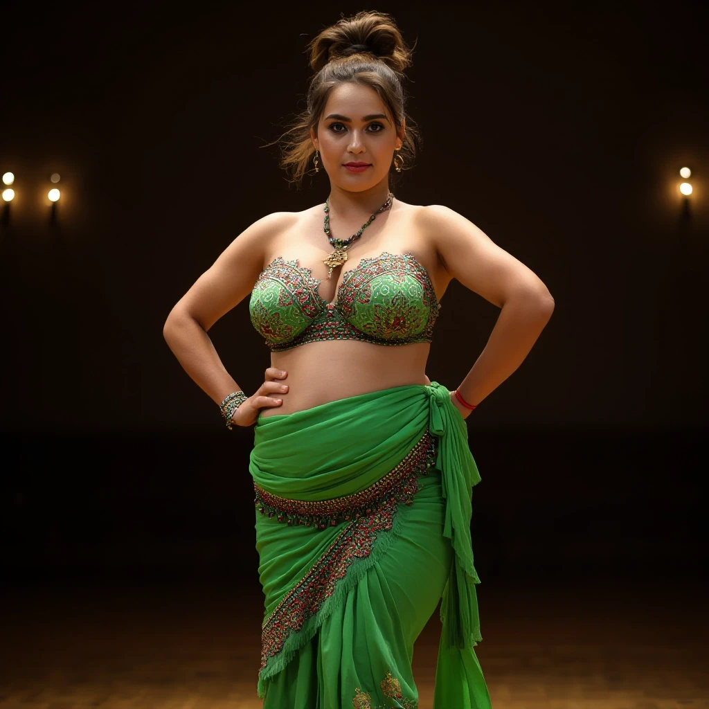 front view chubby belly dancer fifty years woman in green costume brown short ponytail hair stand in hall — работа пользователя Прекрасная Мантикора
