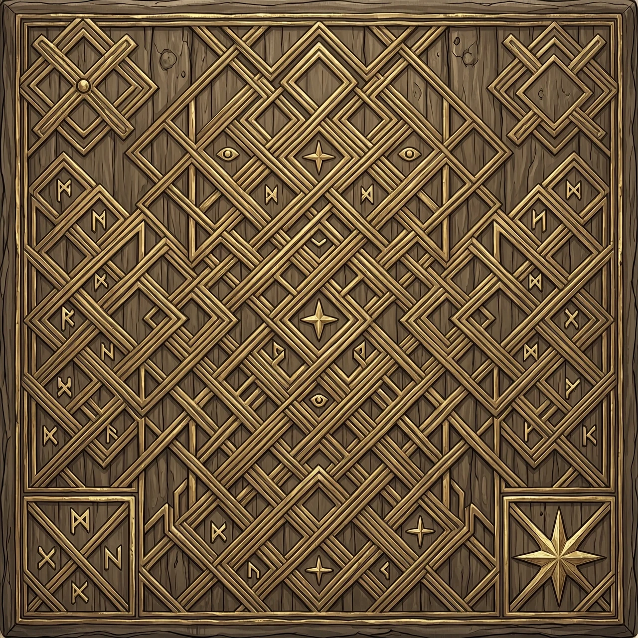 Fantasy RPG UI panel background, deep-carved dwarven stonewood surface, angular knotwork relief carved into dark oak, bronze inlay tracing the grooves, geometric dwarven runes,…