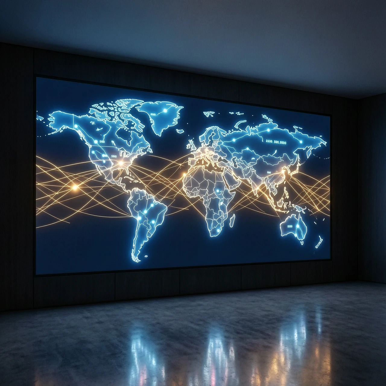 Minimalist cinematic scene, a large digital screen displaying a world map with glowing financial data nodes and connecting lines, abstract representation of global markets, neon…