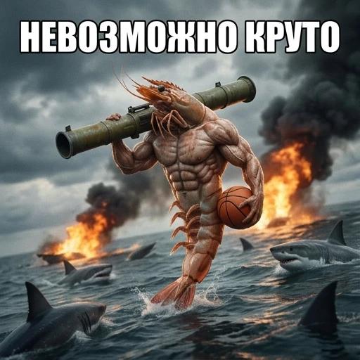 Надпись "невозможно круто" русским языком, мемным шрифтом и мегаперекачанная креветка с очень большой ракетницей на плече и баскетбольный мяч в руке и вокруг нее много…