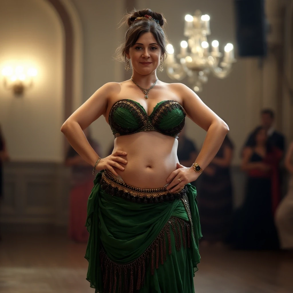 front view chubby belly dancer fifty years woman in green costume brown short ponytail hair stand in hall — работа пользователя Прекрасная Мантикора