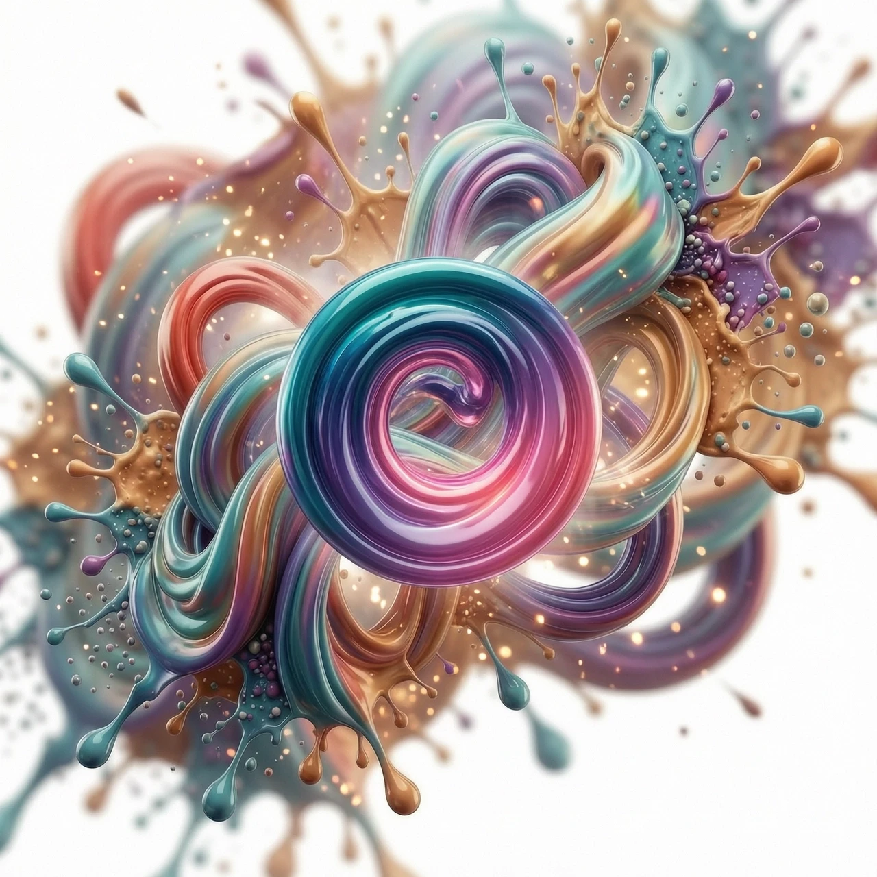 Abstract 3D background for a rhythm game application, dynamic fluid motion, intricate intertwining of vibrant neon silk ribbons and liquid chromatic waves, flowing iridescent…