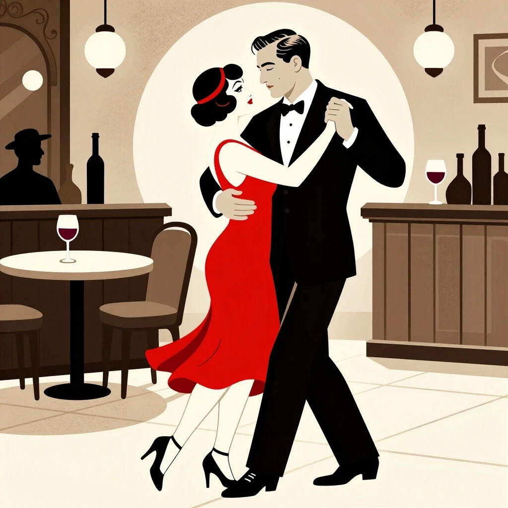 vintage jazz club illustration, 1920s style, couple dancing, red wine. woman in red dress, седой man in suit, sepia tones, detailed line art — работа пользователя Лилия Кликич