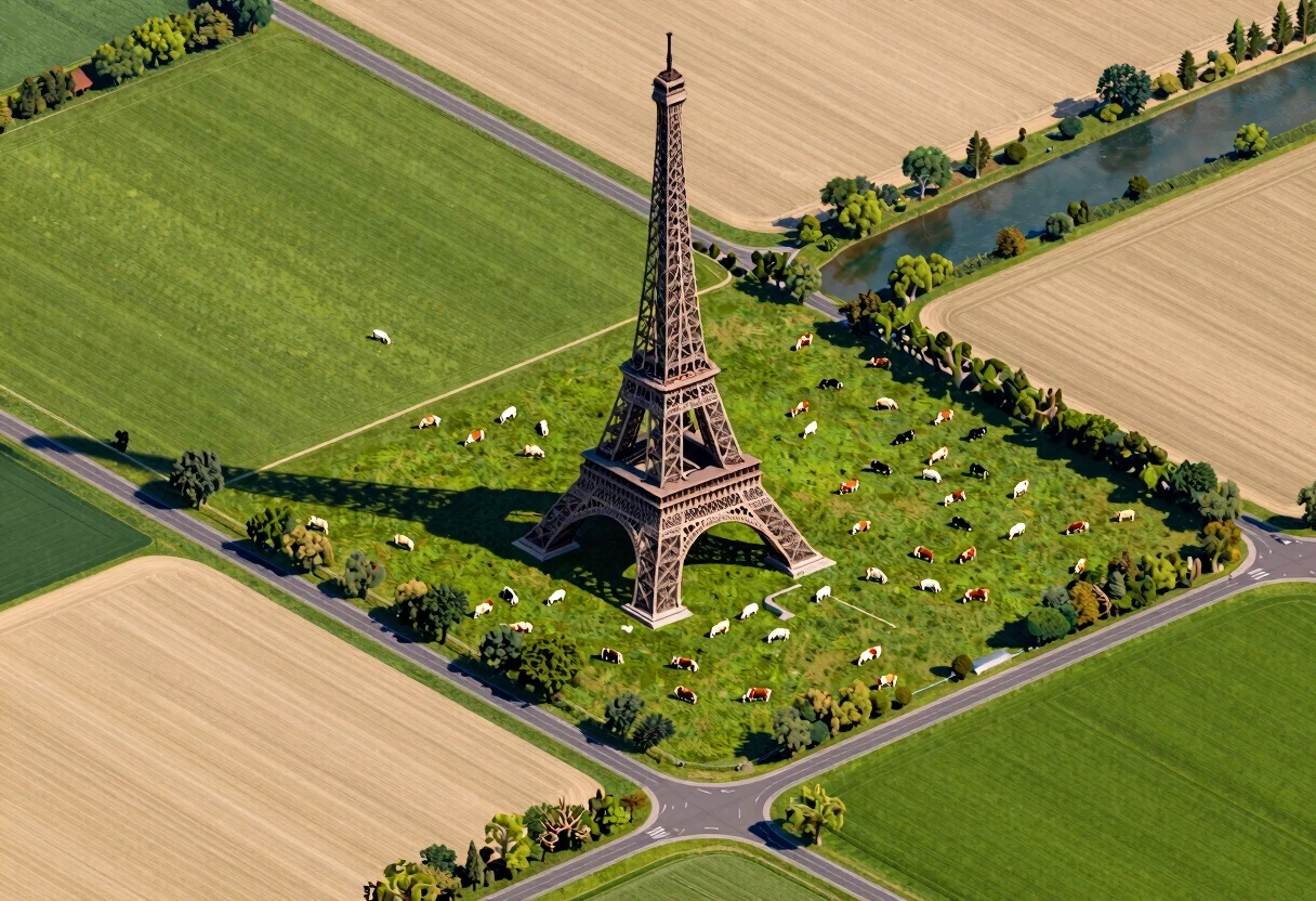Award-winning professional photo. Isometric view. A rural landscape featuring vast fields with grazing cows, roads, and a river; the Eiffel Tower rises up from the field. —…