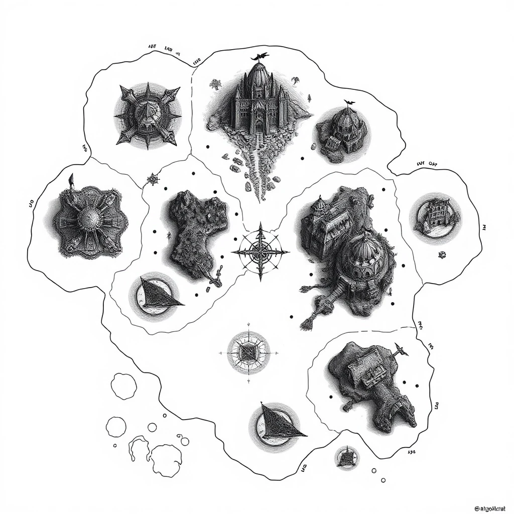 2D top-down authentic gritty dark fantasy nautical map, high-detail medieval woodcut style, inspired by Tainted Grail: Fall of Avalon. Pure white background with sharp,…
