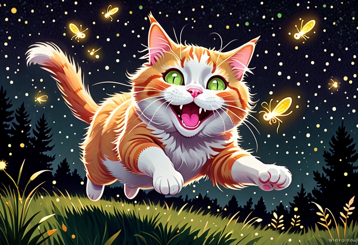 a cute fluffy orange and white cat with big round sparkling eyes, pink nose, rosy cheeks and a joyful open-mouthed smile, leaping playfully through the air with paws…