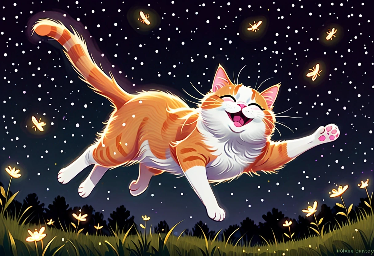 a cute fluffy orange and white cat with big round sparkling eyes, pink nose, rosy cheeks and a joyful open-mouthed smile, leaping playfully through the air with paws…
