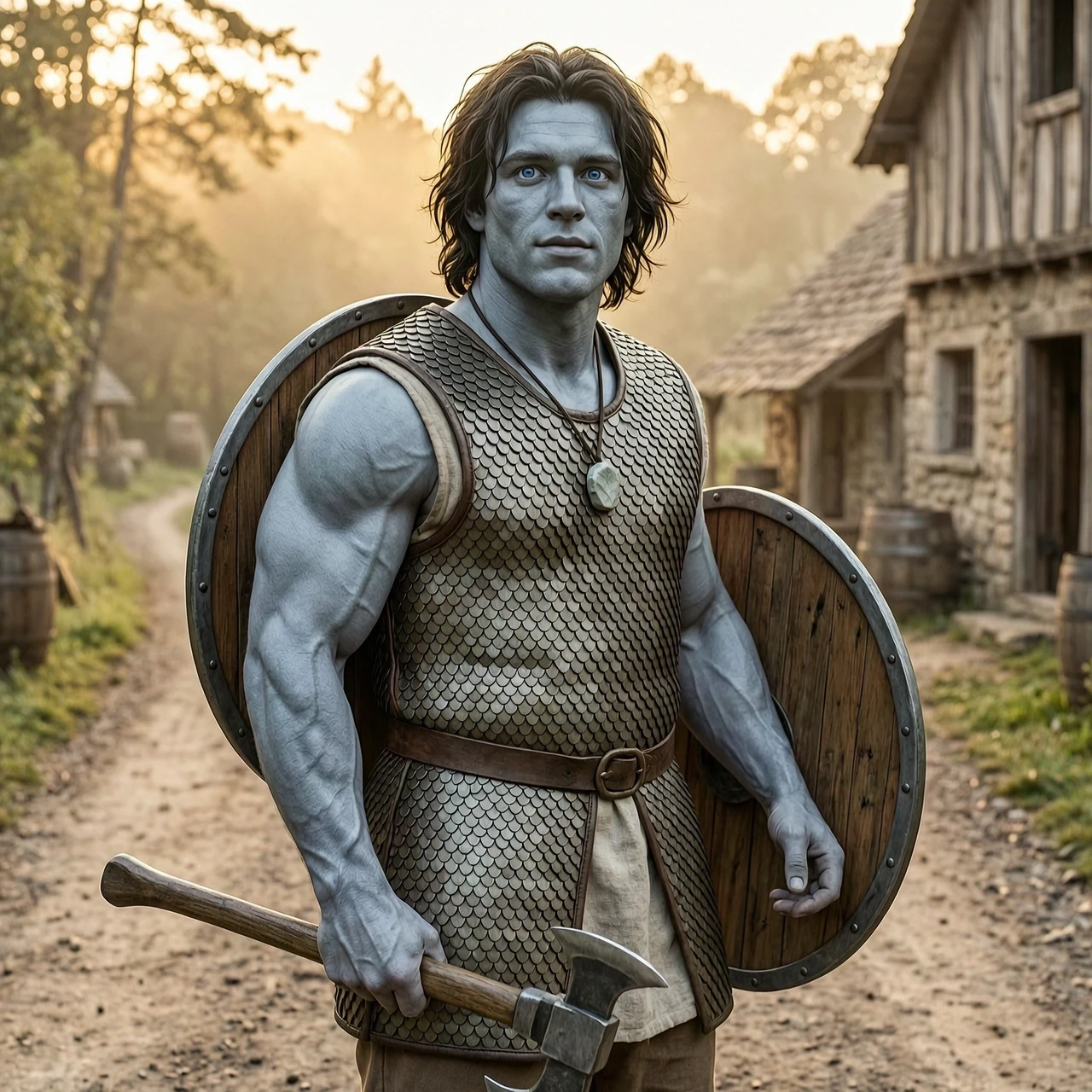 Fantasy character art, portrait of a young male half-goliath half-human fighter, around 25 years old. He has a massive, muscular build and broad shoulders, but his face is still…