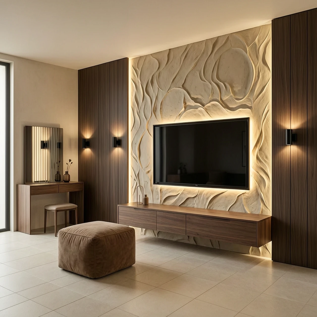 Wide shot A luxurious modern interior design. In the center, a feature wall with a heavy organic beige sculptural plaster texture, featuring a large flat-screen TV with warm LED…