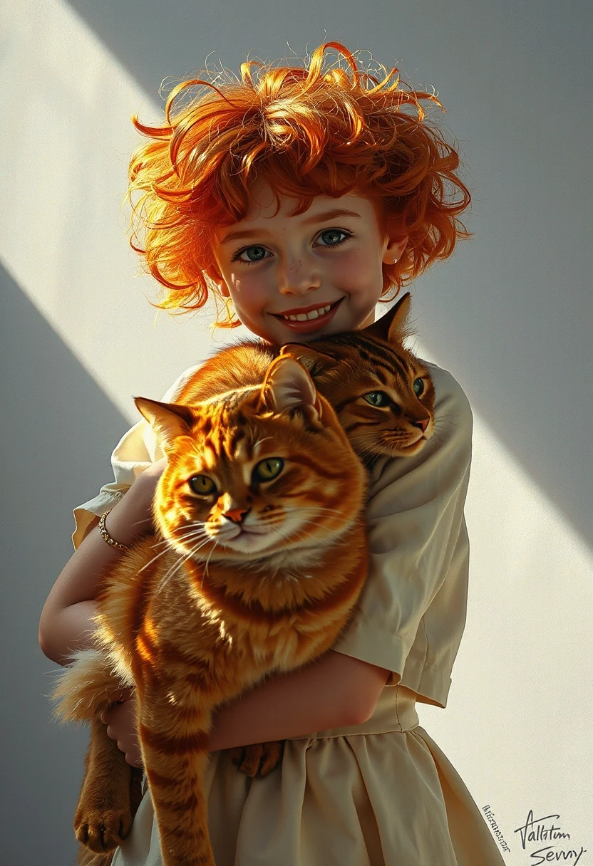 A cheerful red-haired girl holds a big red cat in her arms, hugging it. The girl has fluffy bright red hair, a freckled face, the sun's rays play in her hair, emphasizing…