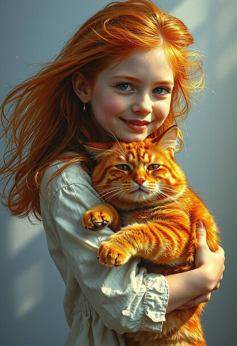 A cheerful red-haired girl holds a big red cat in her arms, hugging it. The girl has fluffy bright red hair, a freckled face, the sun's rays play in her hair, emphasizing…