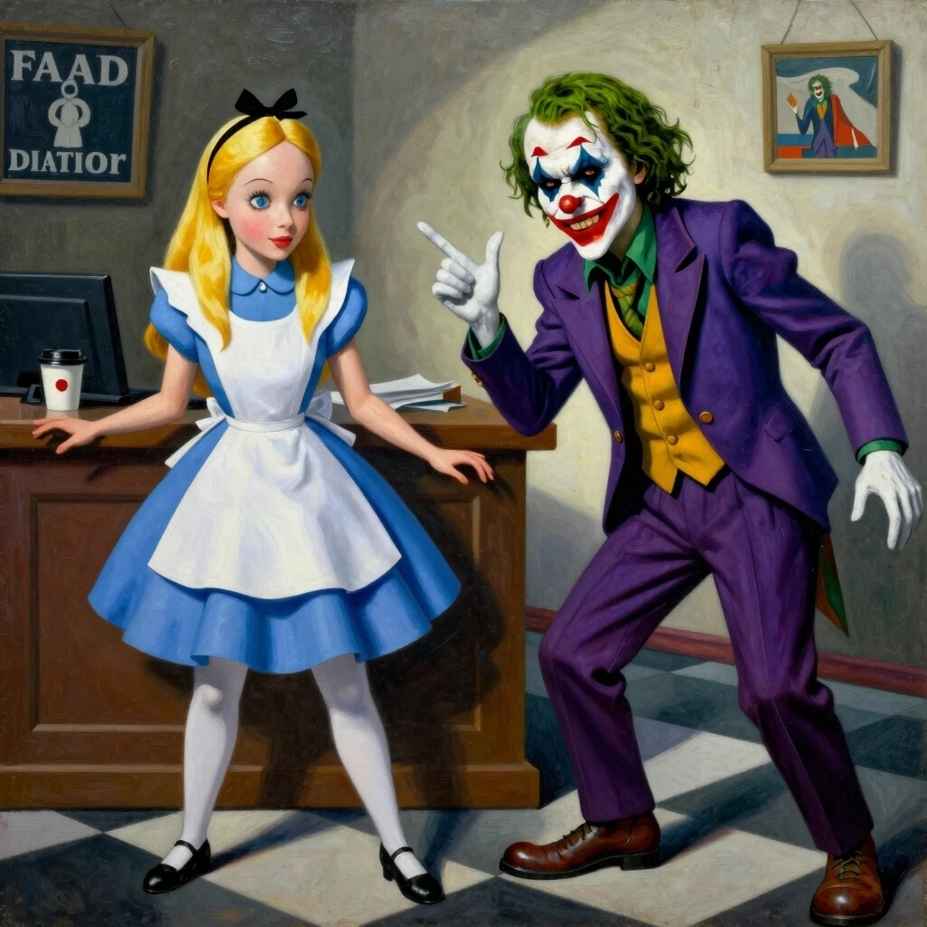 Алиса из страны чудес и Джокер грабят банк.картина в стиле J Scott Campbell — работа пользователя Великолепный Бозон