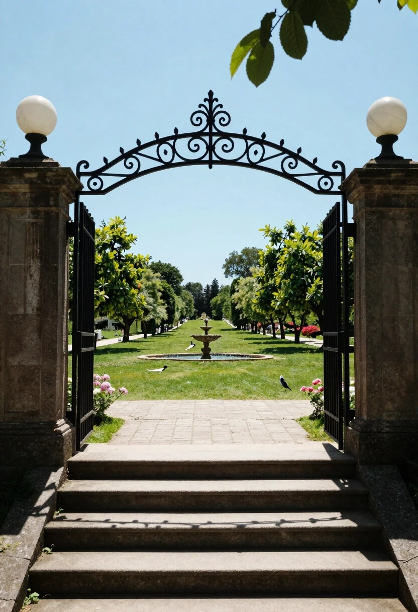 The staircase goes up, into the distance. At the top, the staircase leads to a light, wrought-iron gate. Beyond the gate is a sunny meadow, blue sky, fruit trees, birds,…