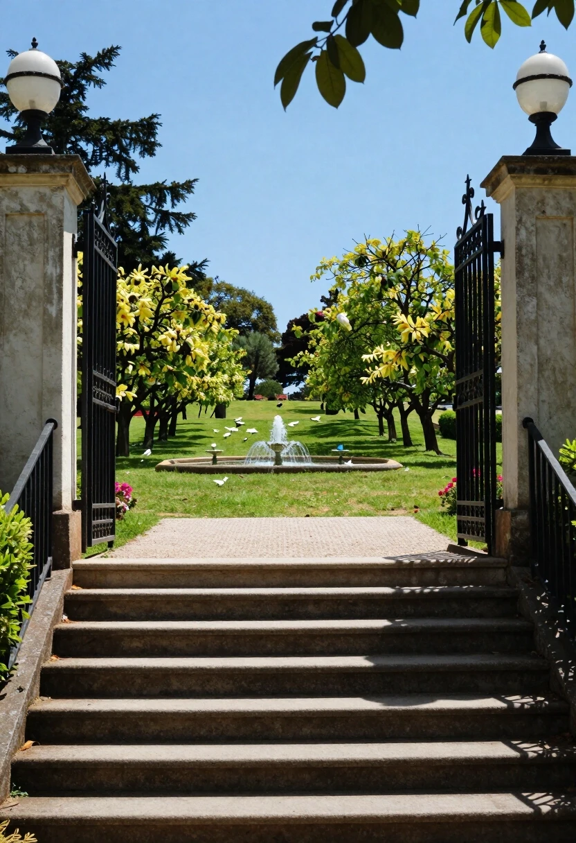 The staircase goes up, into the distance. At the top, the staircase leads to a light, wrought-iron gate. Beyond the gate is a sunny meadow, blue sky, fruit trees, birds,…