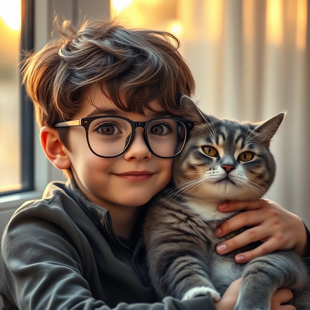 Hyper-realistic cinematic portrait of a 10-year-old boy with expressive brown eyes and messy brown hair, wearing stylish modern glasses, sitting closely with a fluffy grey cat.…