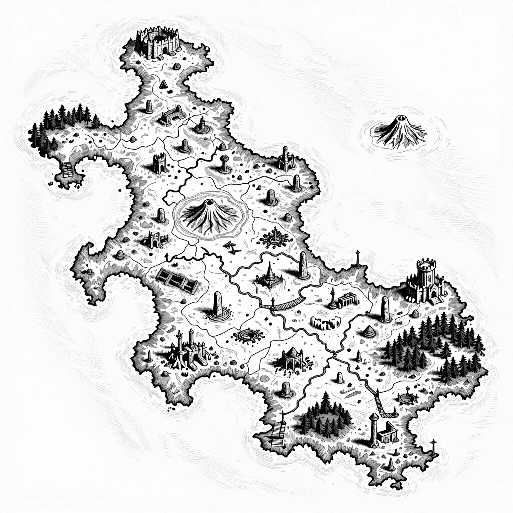 2D top-down authentic gritty dark fantasy large-scale strategic nautical map, high-detail medieval woodcut style, inspired by Tainted Grail: Fall of Avalon. Pure white…