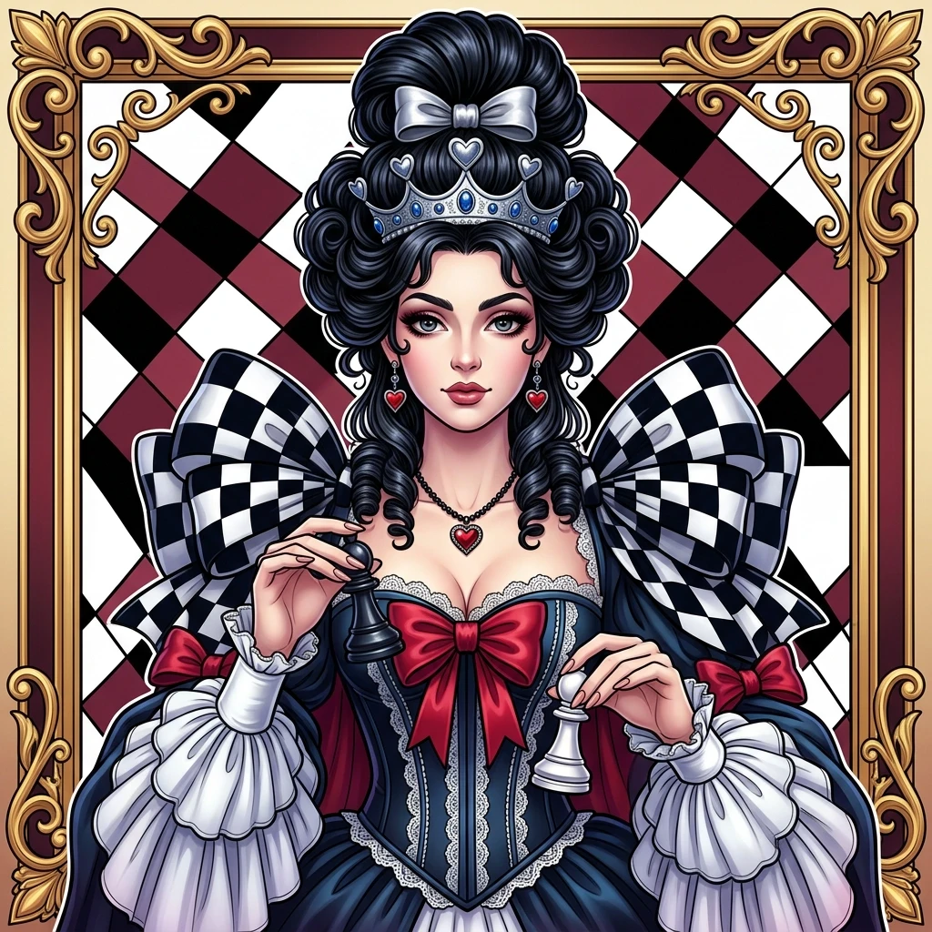 The picture shows a stylized illustration of a character resembling the Queen of Chess from Alice through the Looking Glass. This is fantasy art with vivid and expressive…