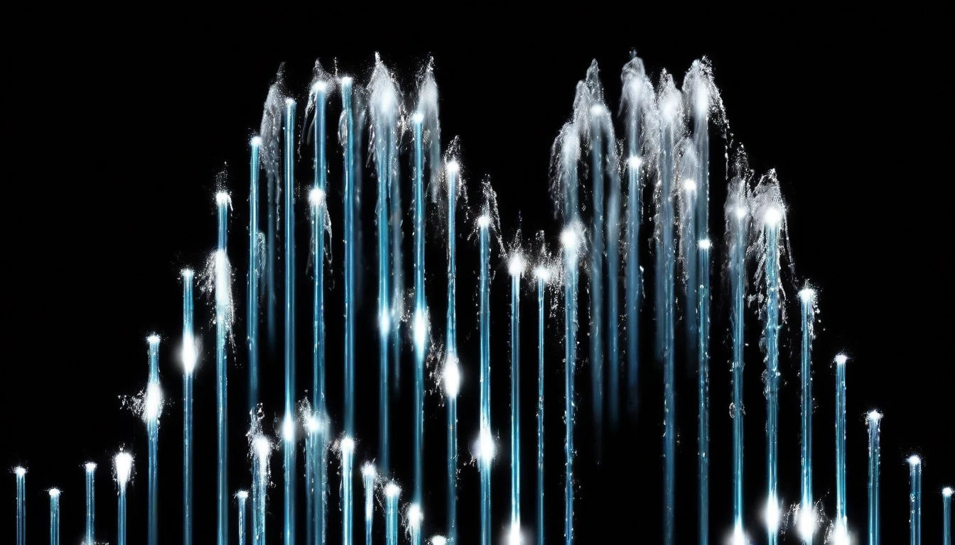 Repeating rows of vertical water jets on a black background, disappearing into perspective, columns of water, water show, 3D render, clear image, Repeating rows of vertical…