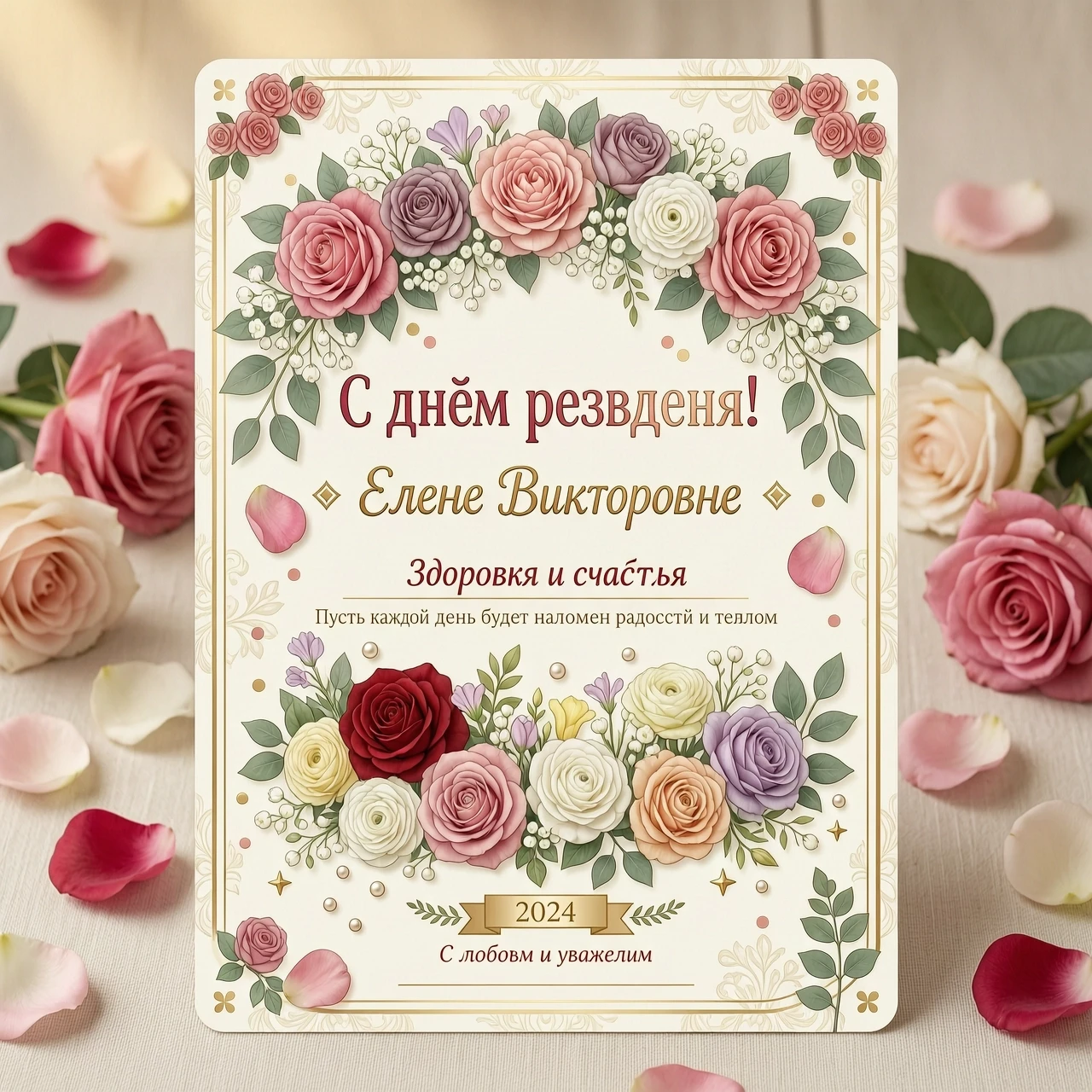 создать открытку поздравление Елене Викторовне с днём рождения, пожелания здоровья и счастья, цветы — работа пользователя Волшебный Космос