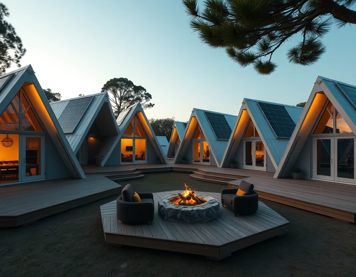 Horizontal shot of a boutique glamping resort business. A cluster of stylish triangular A-frame frame cottages built on premium wooden decks. Clean solar panels integrated into…