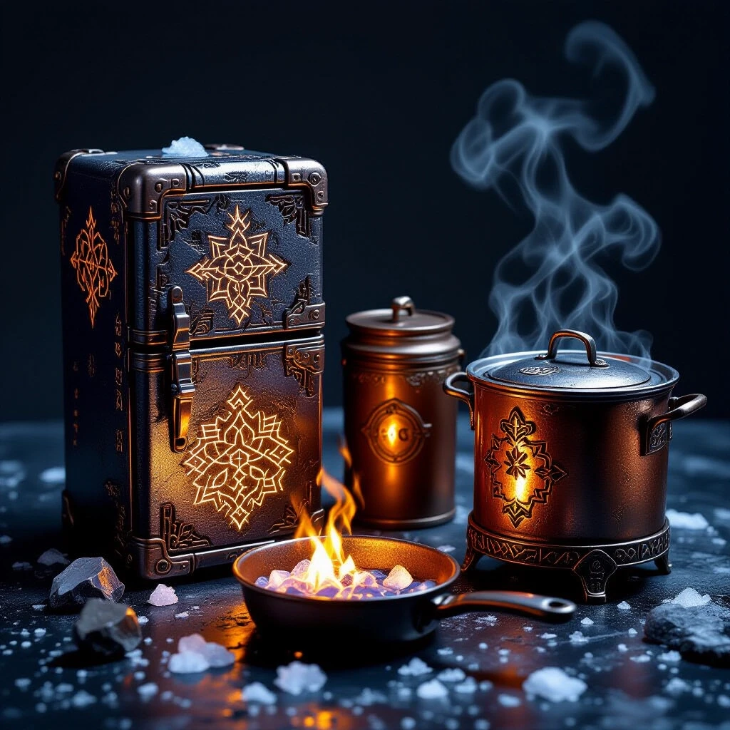 A fantasy-themed kitchen set consisting of a mini-fridge, a canister, a generator, a skillet, and a stockpot. All items are made of forged iron, aged copper, and glowing…