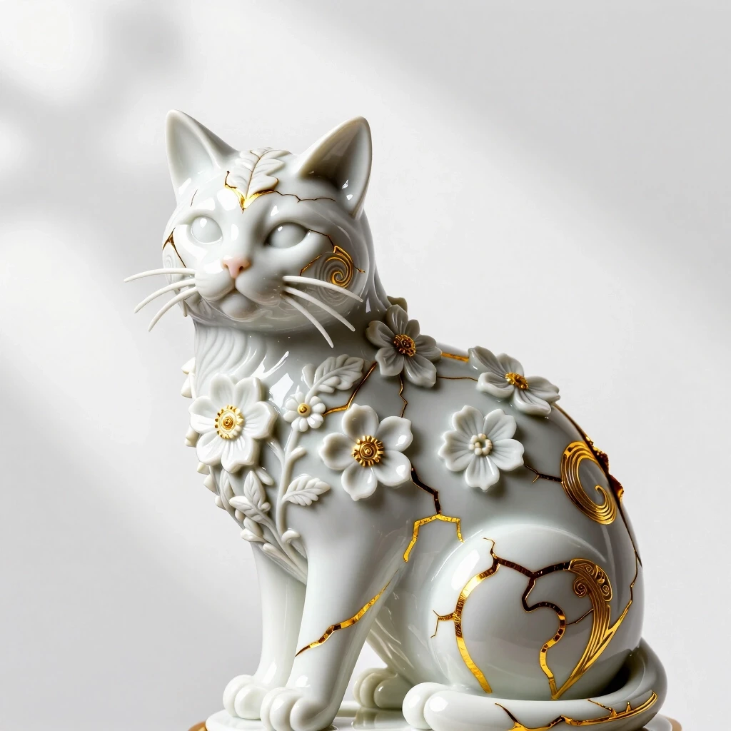 Digital image in Baroque and rocaille style with elements of kintsugi technique. Close-up. Decorative sculpture made of white porcelain: 1.5. Golden cracks. Volume. The Persian…