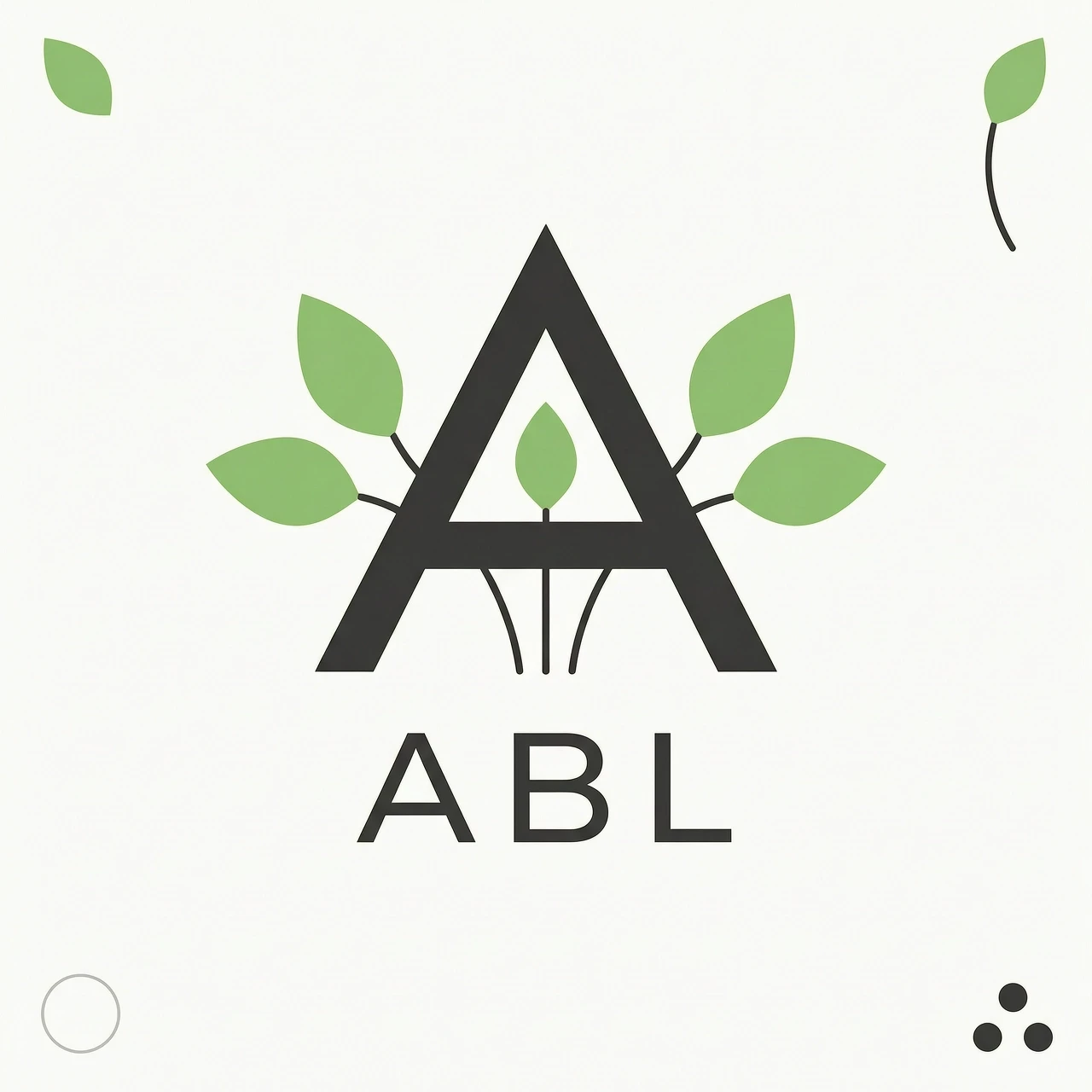 “Design a minimalist logo for the brand ABL. The letter A is stylized as a growing plant: thin stem lines emerge from the base of the letter and end in small leaf shapes. Use a…
