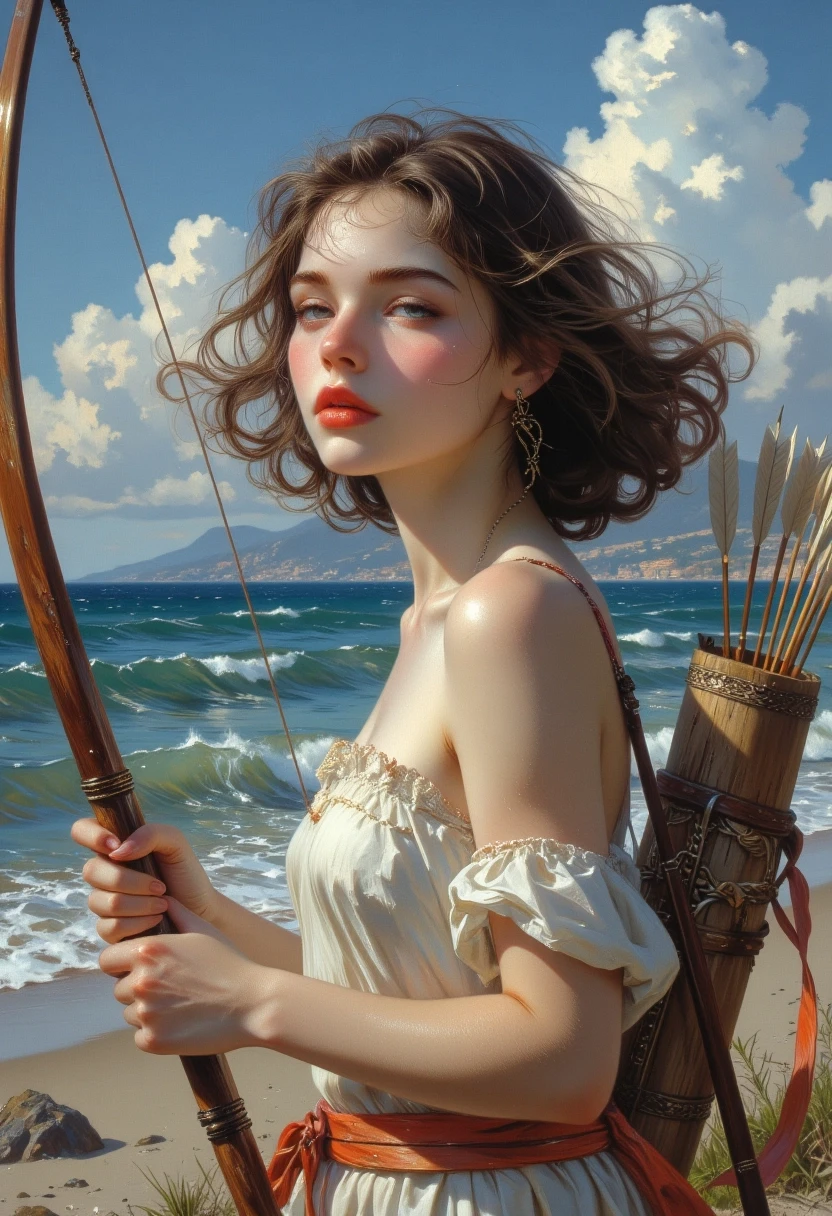 A masterpiece in the style of Alma Tadema, featuring clear lines, dynamic brushstrokes, and rich textures in the background, evoking nostalgia, perhaps with subtle patterns…