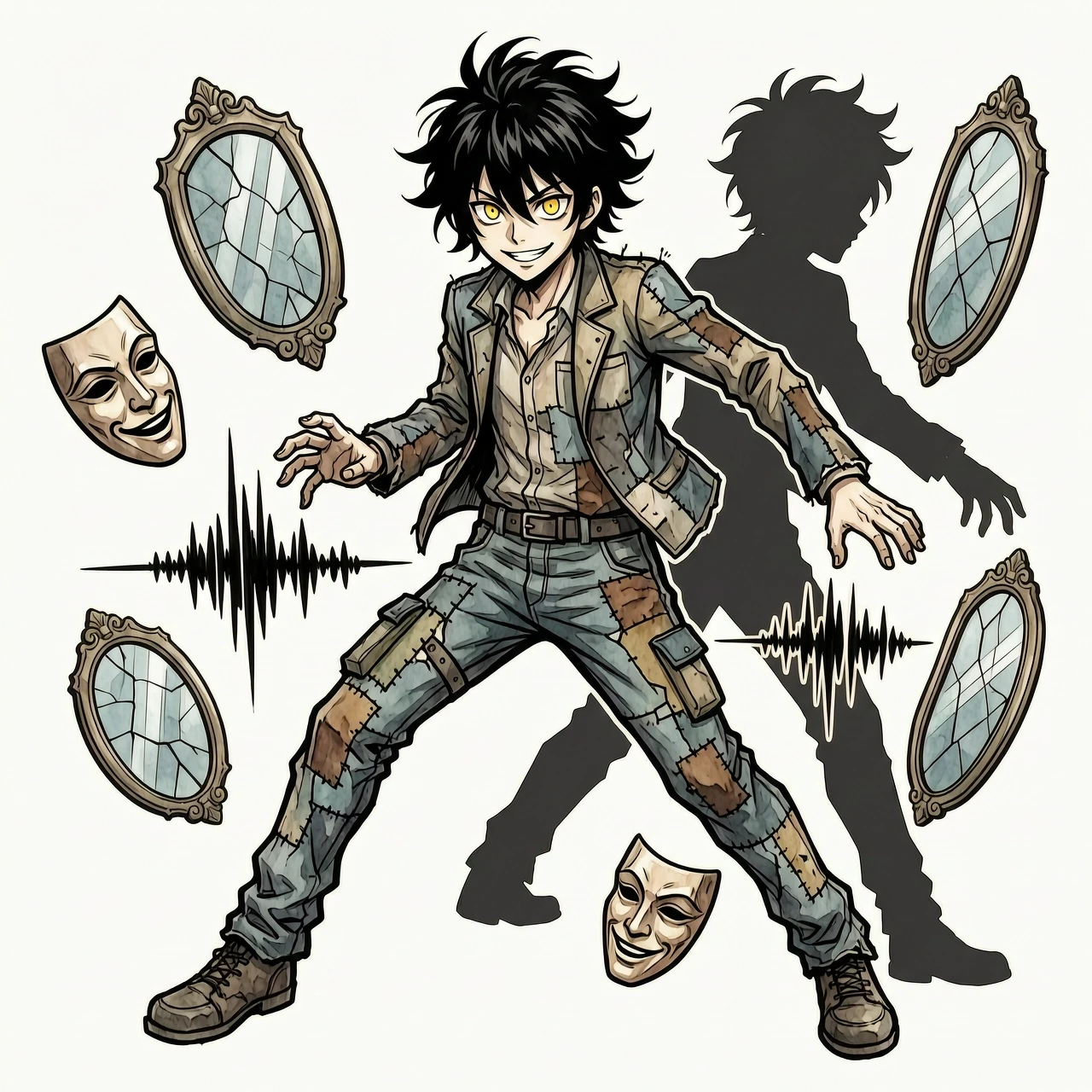 Danganronpa character art style, Ultimate Mimic, a young man with chaotic black hair, bright golden eyes, mysterious smile. Mismatched chaotic outfit with no single style,…