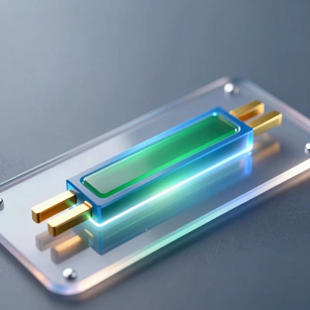 A hyper‑realistic scientific 3D illustration of a single organic field‑effect transistor with a bottom gate and top contacts of the following structure (thin layers from bottom…