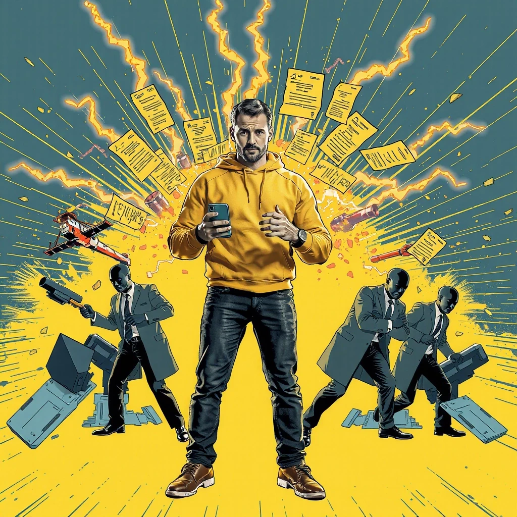 Dynamic comic book style, central hero stands holding a smartphone, bright lightning bolts shaped as legal documents, lawsuits, complaints and claims shooting out of the phone,…