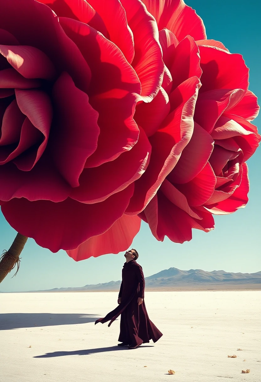 a solitary small human figure in a long flowing dark burgundy robe stands on a pale desert salt flat in the lower right of the frame, head tilted upward in awe, dwarfed by…
