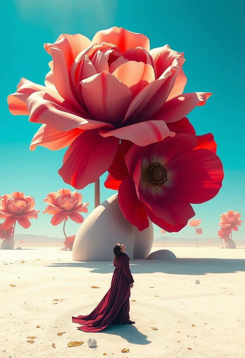 a solitary small human figure in a long flowing dark burgundy robe stands on a pale desert salt flat in the lower right of the frame, head tilted upward in awe, dwarfed by…
