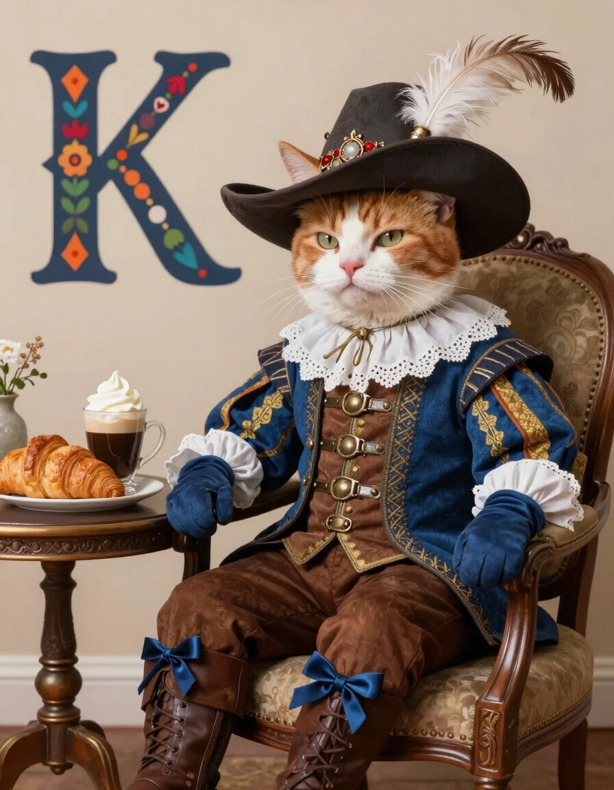An anthropomorphic cat in boots, dressed in a Renaissance or early modern costume. The cat appears bold and determined, ready for adventure.- Fur color: Red fur with white…