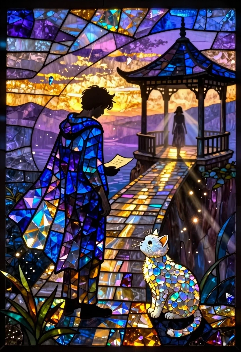 Surreal luminous stained glass mosaic, every element composed of countless tiny iridescent crystal shards and colored glass tesserae. The scene depicts a cliffside at dusk: a…