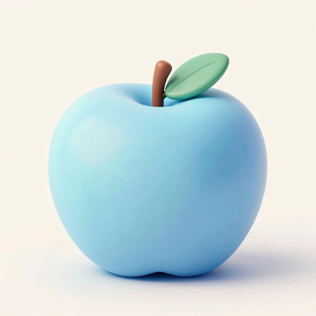 Create a hyperrealistic image in a [3:4] aspect ratio. The main subject is a blue apple fruit, which should be a plush toy with soft, stylish fur, while all other parts like the…