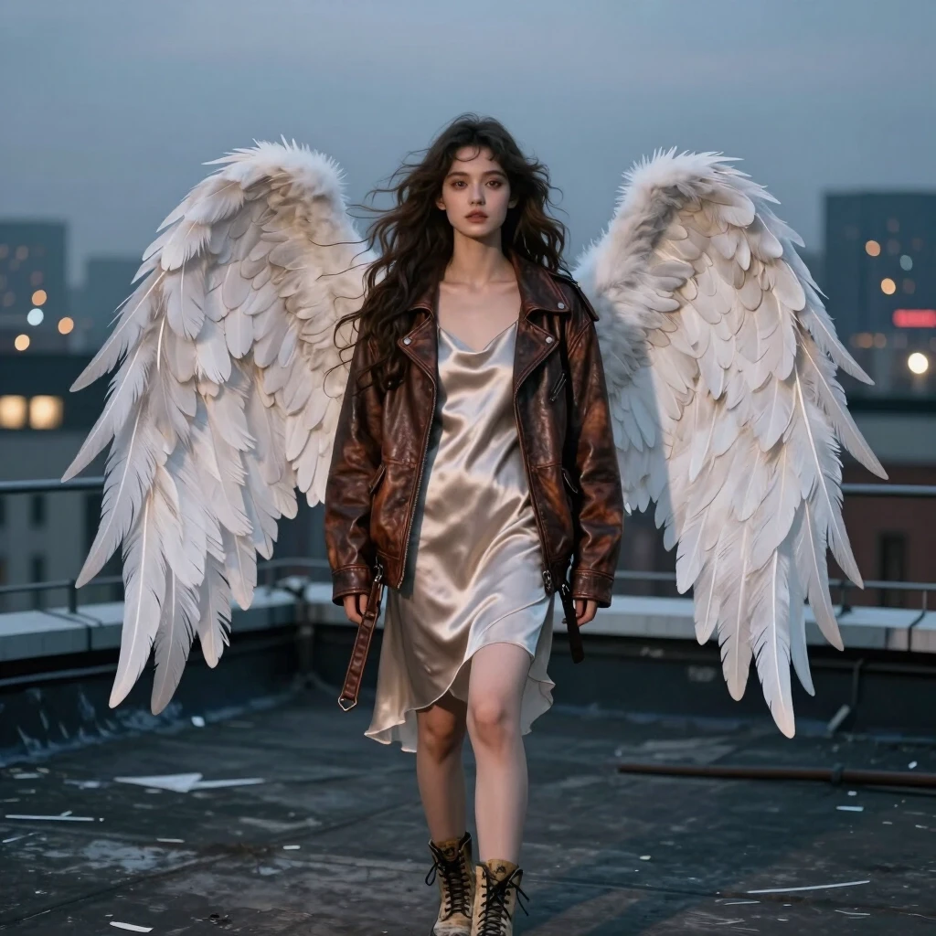 Prompt for AI Image Generator:** Cinematic portrait of a young woman with a serene and soulful expression, embodying a modern celestial being. She has long, flowing wavy hair…