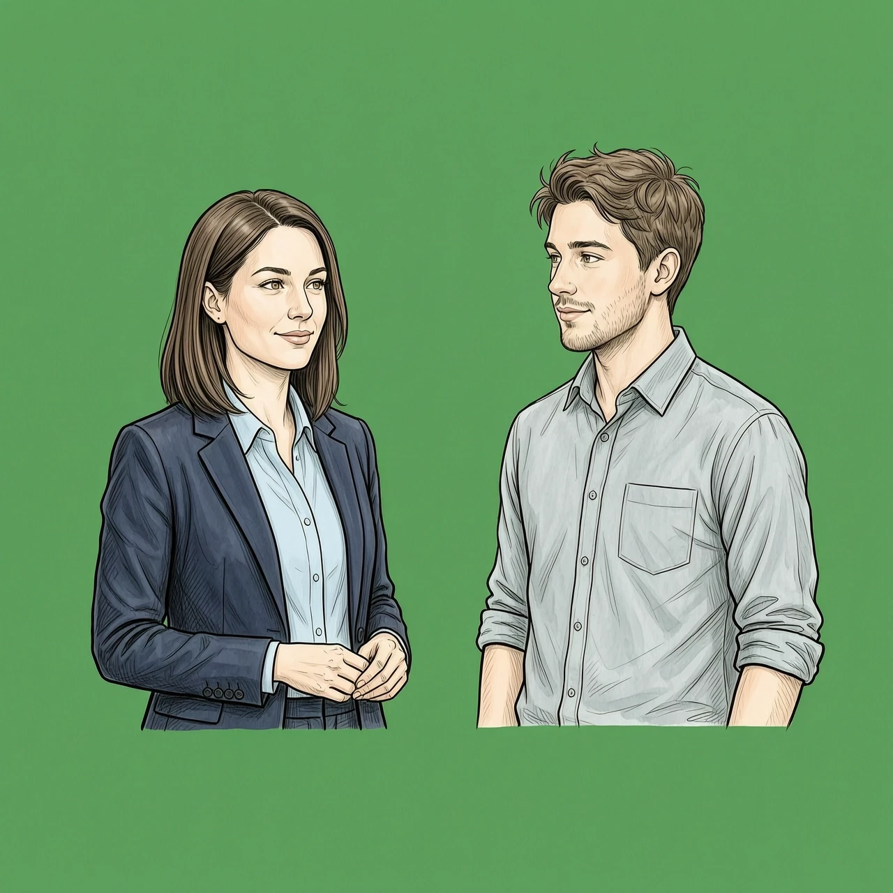 ```text id="q7m1vx" Two recurring office characters for an educational corporate video. CHARACTER 1 — FEMALE MANAGER: A 33-year-old woman with a youthful realistic…