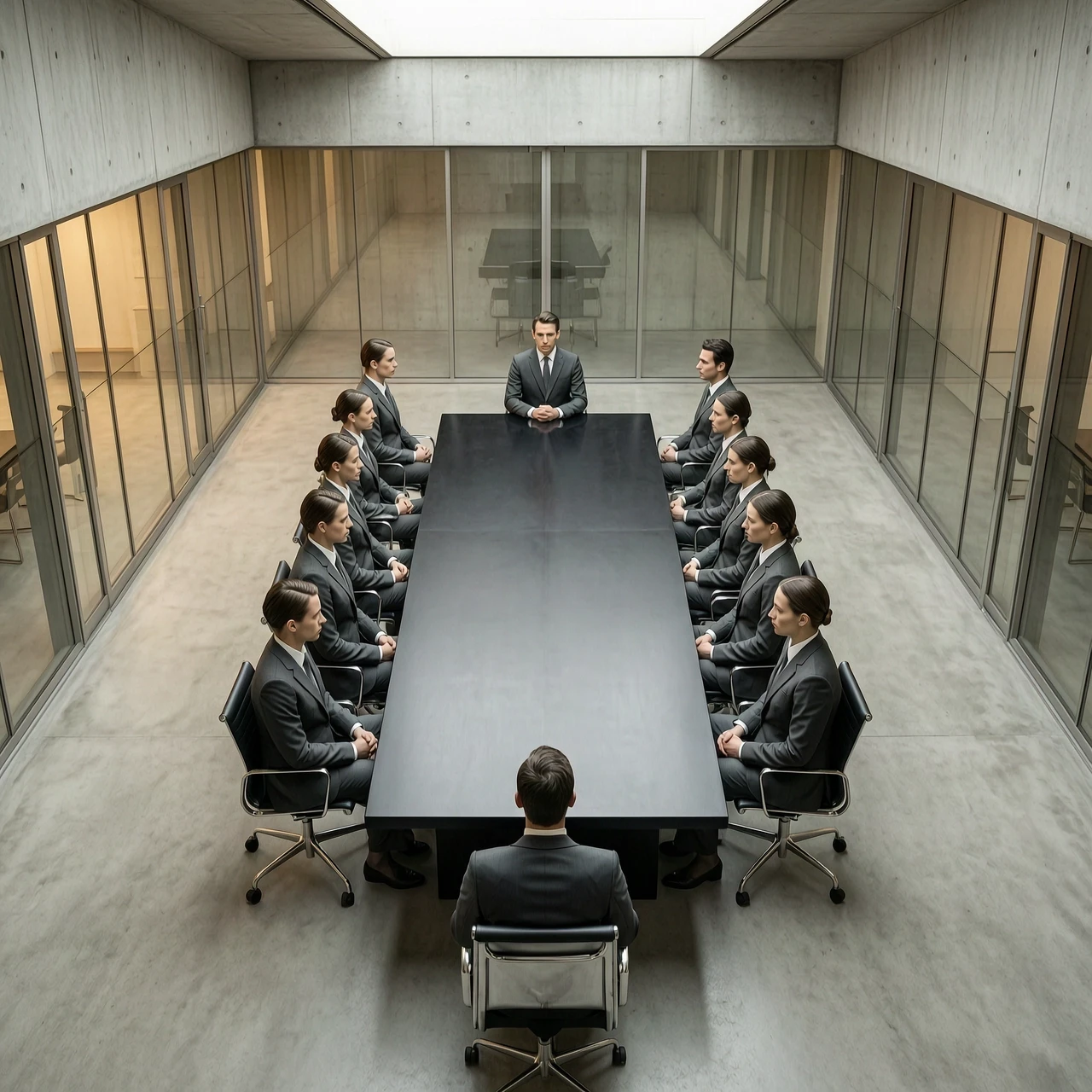 A cinematic, hyper‑realistic overhead shot of a futuristic boardroom, embodying the concept of absolute rationalism and strict discipline. The setting is a masterpiece of…