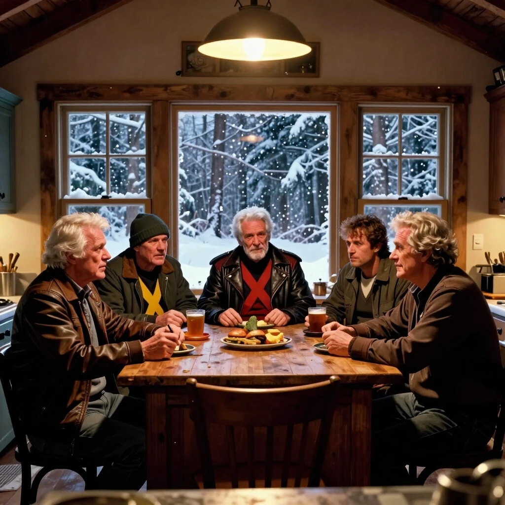 Old Man Logan and other aged X-Men sitting inside a cozy farmhouse kitchen, warm lighting, heavy snow and winter forest visible through the large window behind them, comic book…