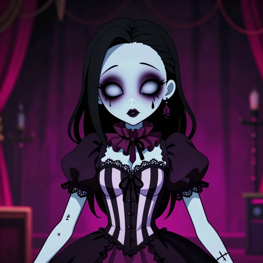 2D anime visual novel character art style, a creepy-cute goth puppet girl from "The Freak Circus", very pale porcelain skin, large expressive hollow eyes with dark…