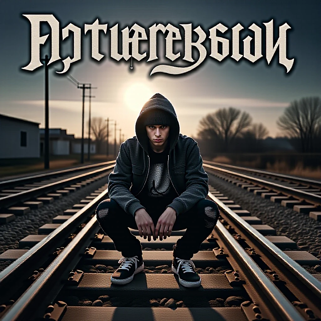 young man sitting on railroad tracks in the middle of an empty railway, streetwear style, hoodie and sneakers, urban vibe, dramatic sunset light, cinematic shadows, hip-hop…