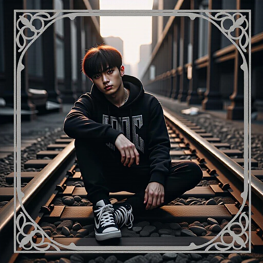 young man sitting on railroad tracks in the middle of an empty railway, streetwear style, hoodie and sneakers, urban vibe, dramatic sunset light, cinematic shadows, hip-hop…