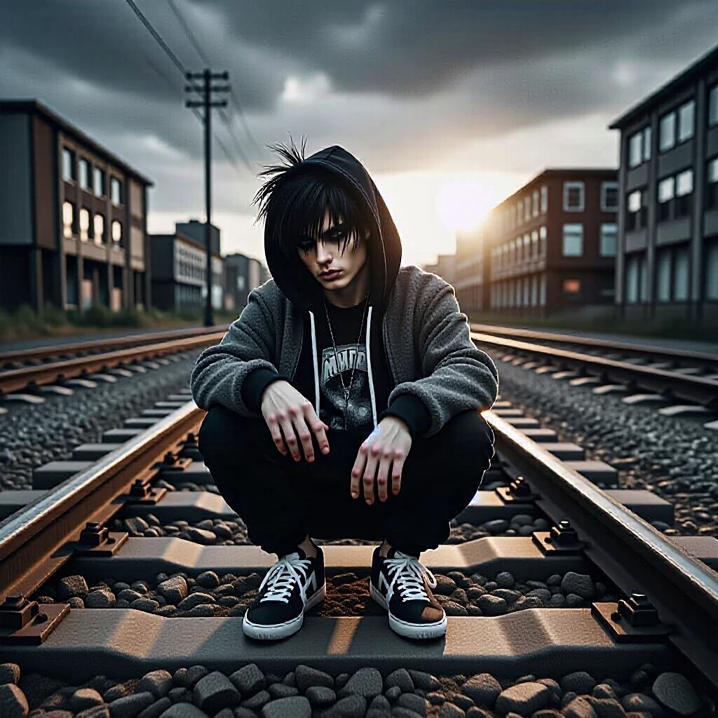young man sitting on railroad tracks in the middle of an empty railway, streetwear style, hoodie and sneakers, urban vibe, dramatic sunset light, cinematic shadows, hip-hop…
