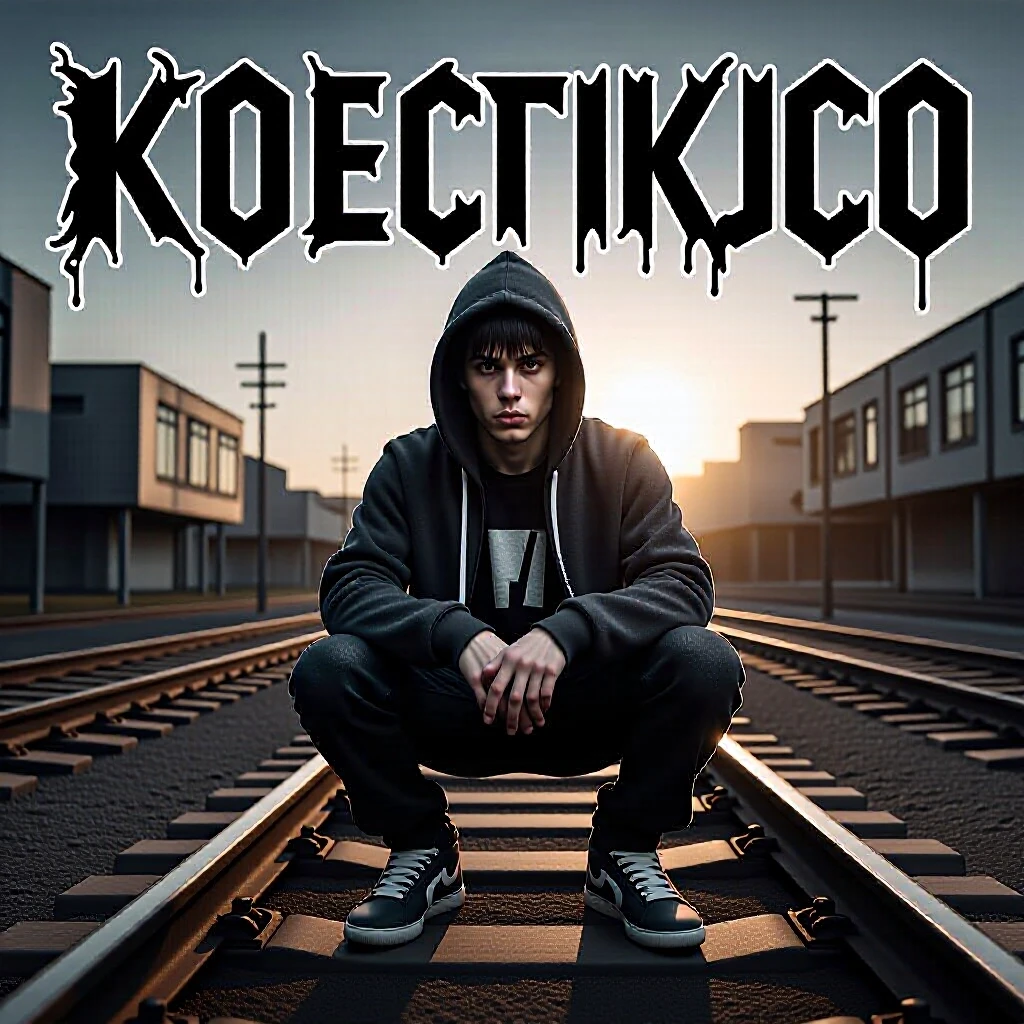 young man sitting on railroad tracks in the middle of an empty railway, streetwear style, hoodie and sneakers, urban vibe, dramatic sunset light, cinematic shadows, hip-hop…