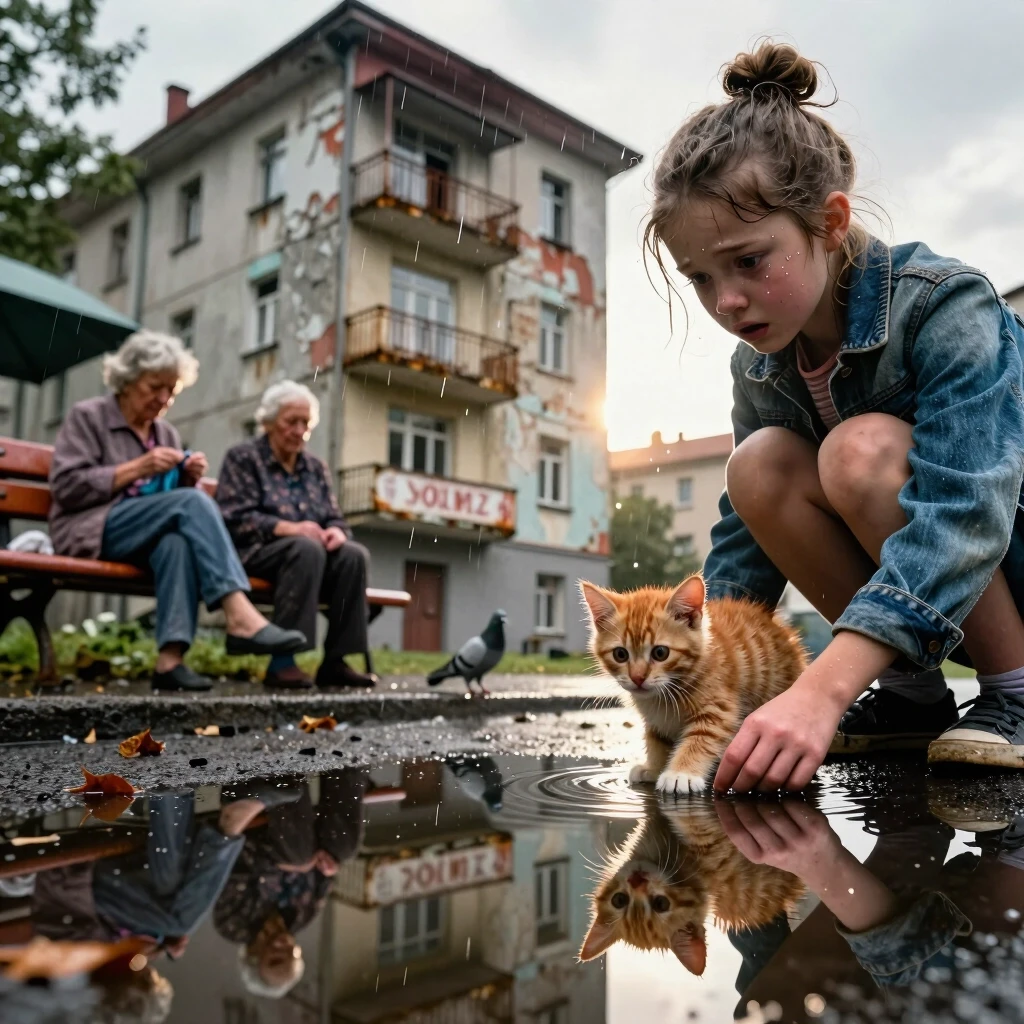 Photorealistic cinematic shot, 8K, Octane render, wide-angle 24 mm lens, low-angle shot from the wet asphalt. In the foreground, a shallow puddle perfectly reflects the towering…