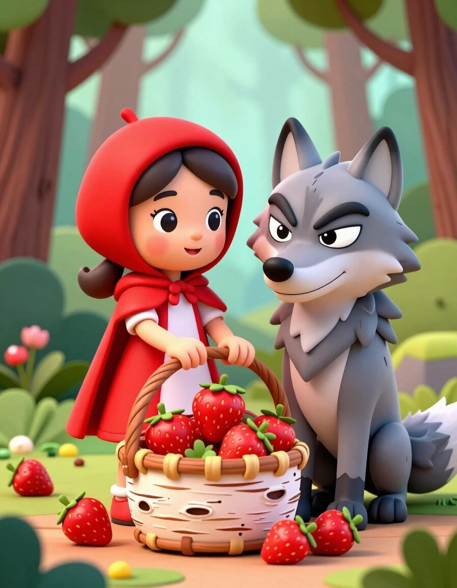A masterpiece. Create an image. Three-dimensional image: ((Little Red Riding Hood in a red beret):1.6 and (A gray Wolf with sly, sly eyes)1.6 :ripe strawberries are harvested in…
