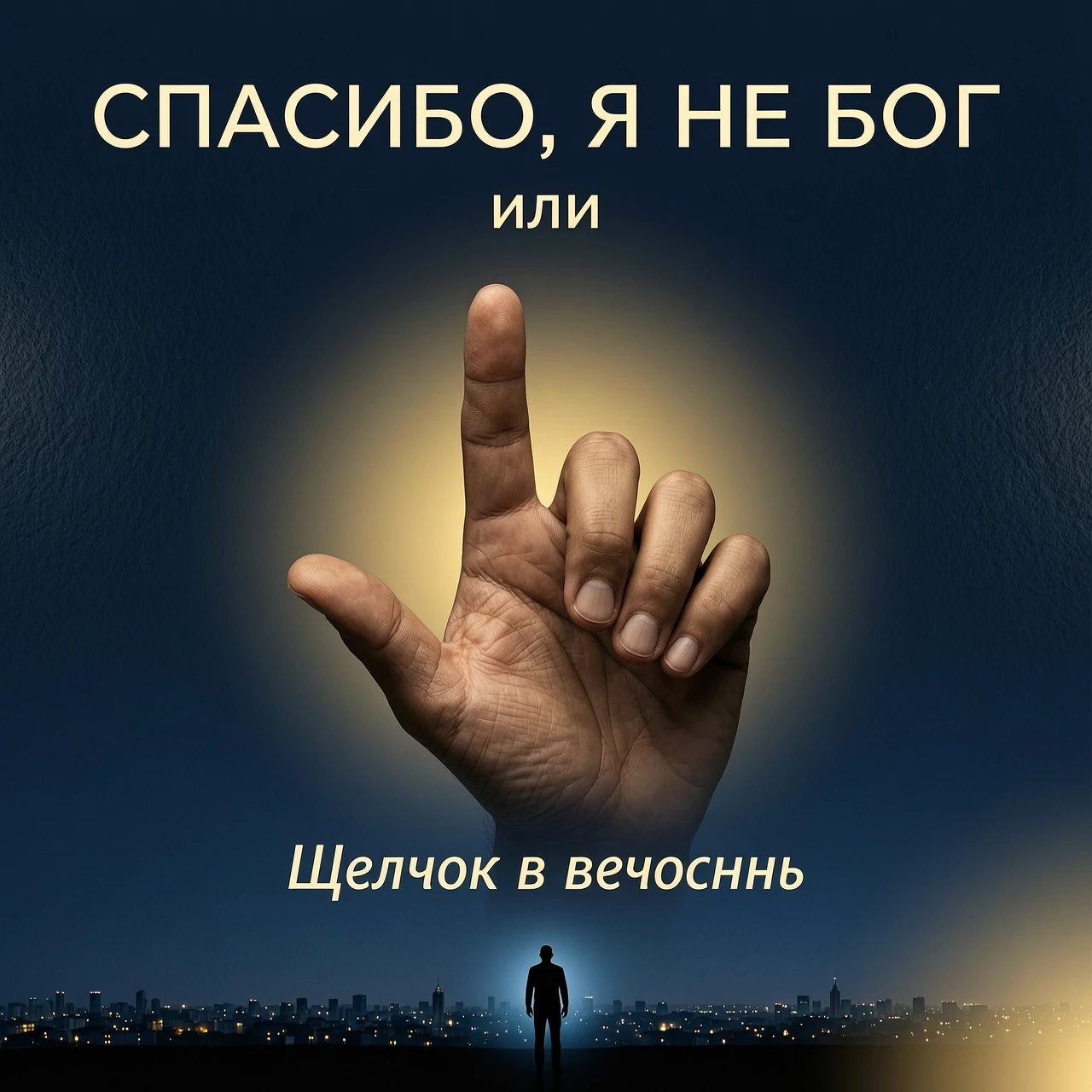 создай обложку книги на русском языке Фон: Тёмно-синий, почти чёрный, с лёгкой текстурой, напоминающей песок или пыль. Центр: Крупным планом, вид от первого лица - ладонь…