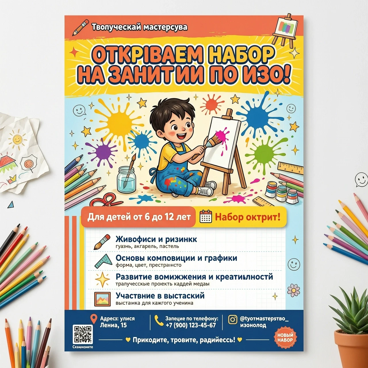 Нарисовать афишу . "Творческая мастерская" Крупный, яркий, игровой шрифт: ОТКРЫВАЕМ НАБОР НА ЗАНЯТИЯ ПО ИЗО![ЦЕНТР: Визуальный блок]Здесь располагается сгенерированный…